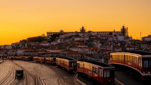 Bonjour Tristesse - si fa per ridere, ovviamente! - tramonto con i tram in portogallo - immagine creata con l'IA
