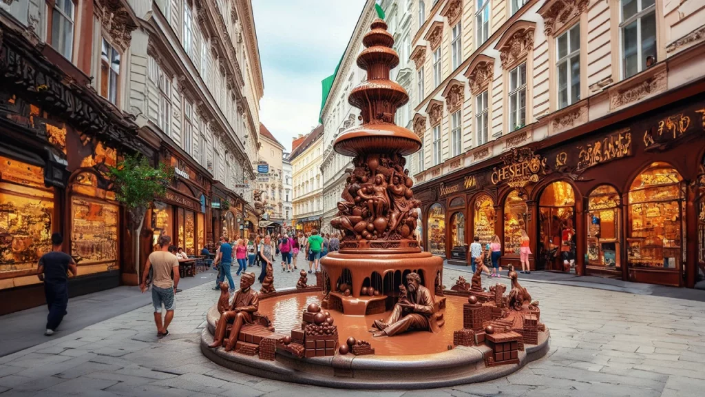 Cioè, tu non hai mai assaggiato la Sachertorte? - foto di una fontana a Vienna piena di cioccolato . Immagine creata con l'IA.