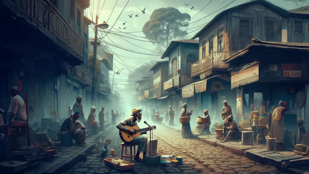 Ethiopian Blues - Le strade di Addis Adeba con un uomo che suona il blues - immagine creata con l'IA.