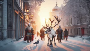 Modelli da seguire - strade della finlandia con una renna e i vichinghi mentre nevica - immagine creata con l'IA.
