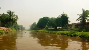 Oltre ai tifoni c'è altro - bangladesh - fiume in piena marrone - immagine creata con l'IA.