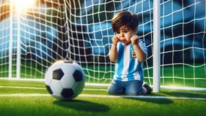 Evviva l'errore - bambino con la maglietta dell'argentina che è triste davanti a un pallone da calcio - Immagine creata con l'IA.