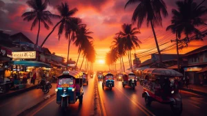 Massaggio con Happy Ending - strade della tailandia al tramonto - Immagine creata con l'IA.