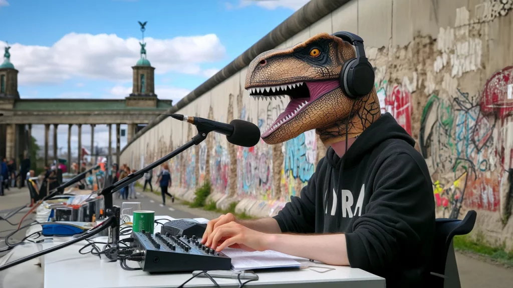 Hallo berlin con giuseppe govinda - show radio al muro di berlino - Immagine creata con l'IA.