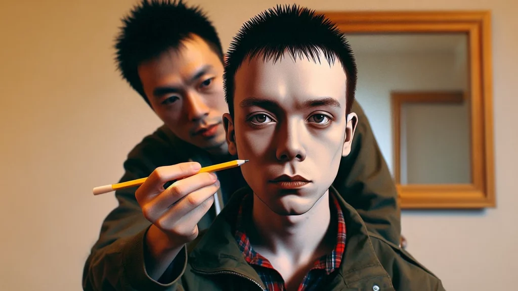 Trainspotting - Renton che viene disegnato da un altro personaggio alle sue spalle - Immagine creata con l'IA.