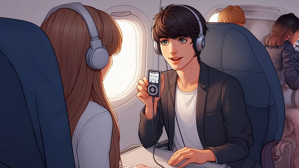 come ho iniziato a fare radio - Ragazzo con gli occhi verdi che registra un podcast su un aereo. Immagine creata con l'IA.