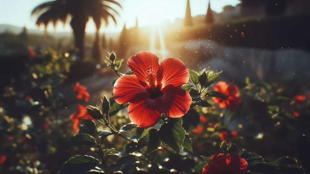 I vantaggi della canapa - Foto ibisco rosso pianta simile alla canapa al tramonto. Immagine creata con l'IA.