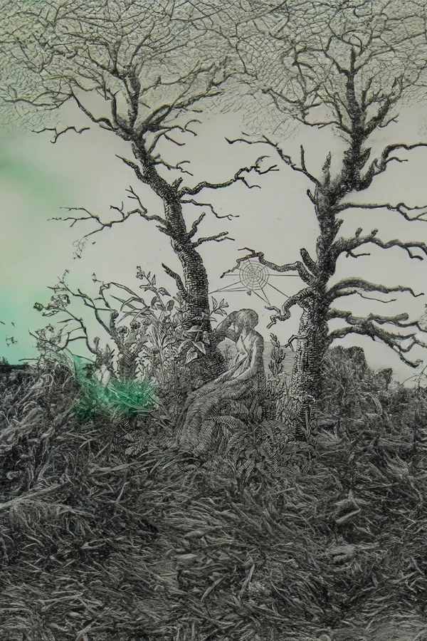 die frau mit dem spinnennetz zwischen kahlen bäumen di caspar david friedrich modificato per giuseppegovinda.com con l'intelligenza artificiale