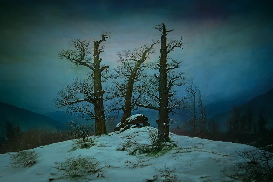 hünengrab im schnee di caspar david friedrich modificato per giuseppegovinda.com con l'intelligenza artificiale