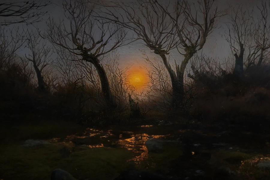 weidegebüsch bei tiefstehender sonne di caspar david friedrich modificato per giuseppegovinda.com con l'intelligenza artificiale